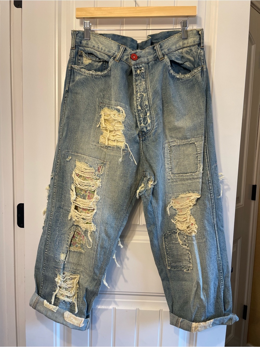 Magnolia Pearl Distressed Light Blue Relaxed Jeans with Patchwork